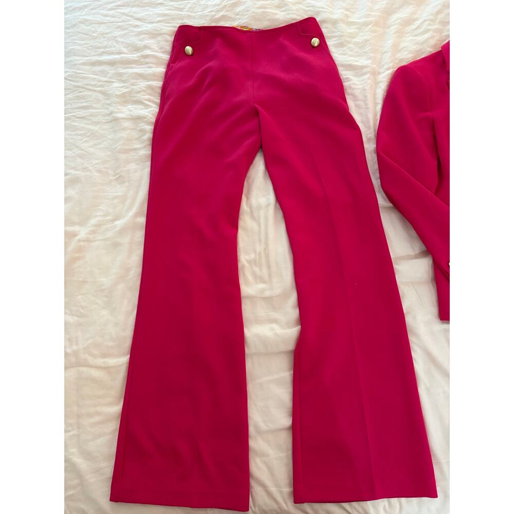 Trina Turk Pink Power Suit Blazer Wide Leg Flare Pant Set Gold Button Retro Mod - Picture 4 of 15